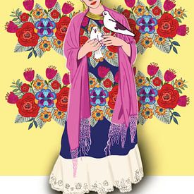 Frida, in Mexicaanse kleding met duiven. Fantasietekening van Karen Nijst