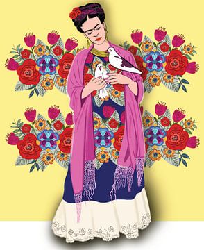 Frida, in Mexicaanse kleding met duiven. Fantasietekening van Karen Nijst