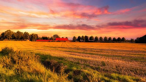Boerderij met gemaaid veld en ondergaande zon