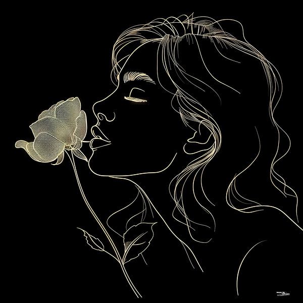 Strichzeichnung einer Frau mit einer Blume von Gelissen Artworks