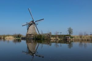 Schöne Windmühle Kinderdijk mit einer schönen Spiegelung im Wasser