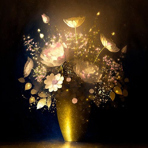 Gloedvol Stilleven. Gouden vaas met bloemen en gipskruid