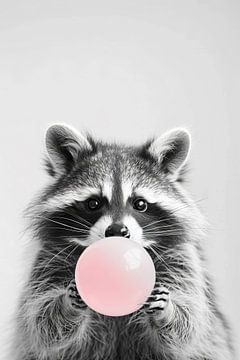 Wasbeer blaast een roze kauwgomballon op van Felix Brönnimann