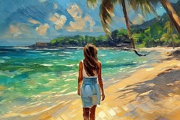 ai gegenereerd schilderij van een meisje dat naar het strand loopt