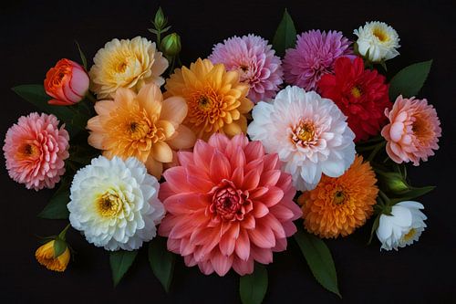 Levendige Bloemensamenstelling op Diepzwarte Achtergrond