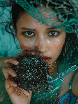 Portrait of a woman holding a sea ​​urchin by haroulita