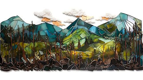 Landscape of shards of glass, porcelain, pottery and acrylic paint