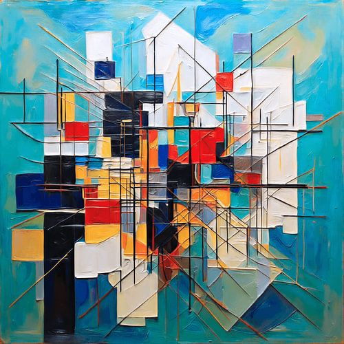 Abstract geometrisch lijnenspel in blauw, zwart en rood