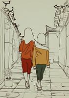 Continuous one line drawing of two girls walking