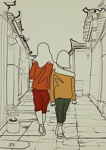 Continuous one line drawing of two girls walking van Gisela- Art for You