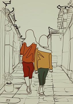 Continuous one line drawing of two girls walking van Gisela - Art for you