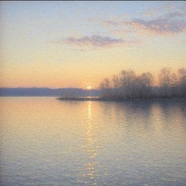 Het etherische ontwaken: gouden licht dat schittert over het stille meer bij zonsopgang van Artistic