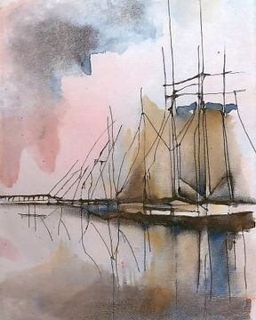 Aquarel schilderij: Hollands Havenzicht. van Studio Pieternel