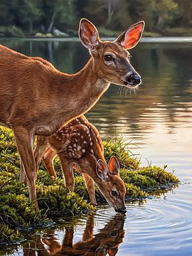 Ree met reekalf aan de oever van het meer
