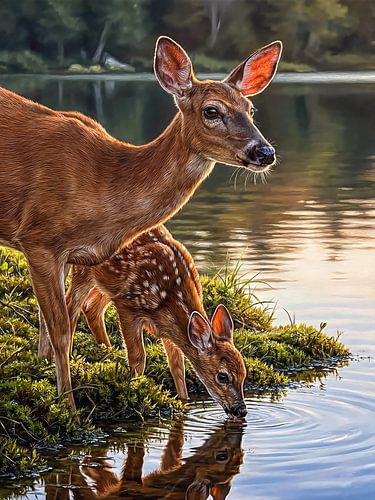 Ree met reekalf aan de oever van het meer