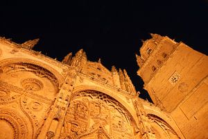 L'ancienne et la nouvelle cathédrale de nuit, Salamanque, Castille et Léon, Espagne