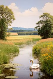 Schwan in holländischer Landschaft von Gertjan Hesselink