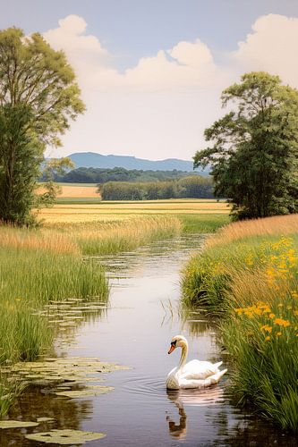 Zwaan in nederlands landschap van Gertjan Hesselink