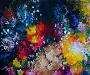 The Reef is on Fire - kleurrijk schilderij met impressie van koraal van Qeimoy