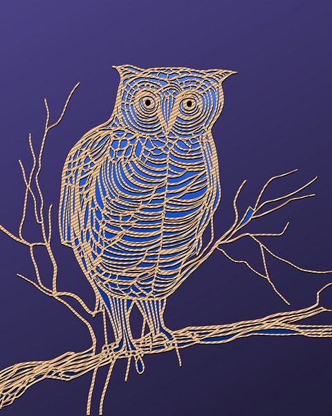 Uil op tak bruin-blauw-blauw van Harmanna Digital Art
