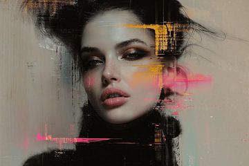 Modern abstract portret met neon accenten van Carla Van Iersel