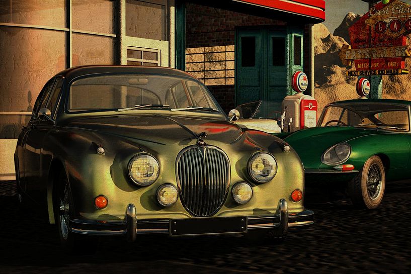 Jaguar MK 2 Sedan bij een oud benzinestation van Jan Keteleer (JanKé): Een reis voorbij het canvas