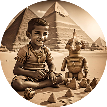 Klein jongetje aan het spelen bij de piramides van Gizeh