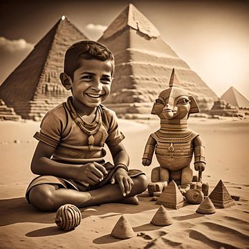 Klein jongetje aan het spelen bij de piramides van Gizeh