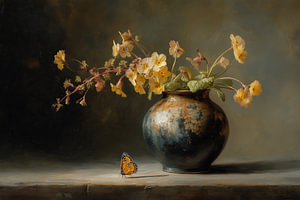 Sonnenbeschienene gelbe Blüte und Schmetterling