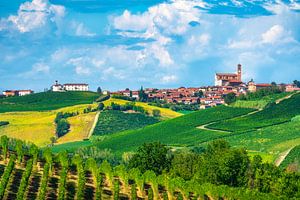 Das Dorf Grana Monferrato über den farbenfrohen, mosaikartigen Weinbergen