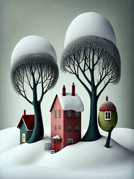 stadsgezicht winter sneeuw huizen bomen papier surrealistisch van gm_designs