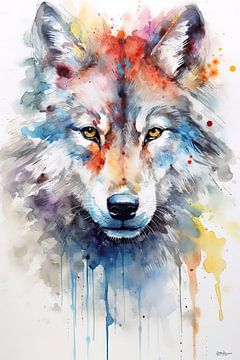 abstraktes Farbaquarell eines Wolfes. von Gelissen Artworks