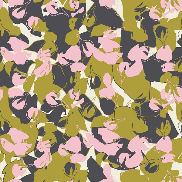 Retro-Blüte. Abstrakte botanische Kunst in Pastellrosa, Grün, Grau von Dina Dankers
