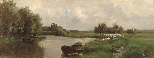 Carlos de Haes-Een rivier, een boot bij de rivier, een antiek landschap.