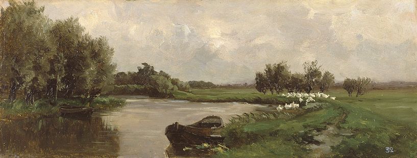 Carlos de Haes - Un bateau au bord de la rivière, un paysage ancien. par finemasterpiece