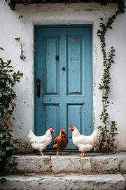 Three chickens standing on the pavement in front of a light blue door. by Studio Jet