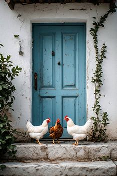 Three chickens standing on the pavement in front of a light blue door.