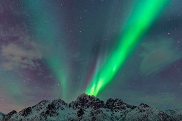 Noorderlicht of Aurora Borealis over de besneeuwde bergen in de winter van Sjoerd van der Wal
