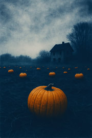 Ein orangefarbener Halloween-Kürbis auf einem Feld vor einem Spukhaus. von Jelena Jovanovic Fine Art