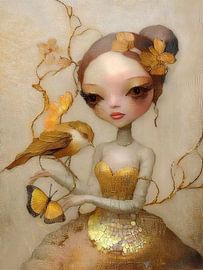 Modern portrait of a girl with a bird, series dreamy gold by Studio Pieternel