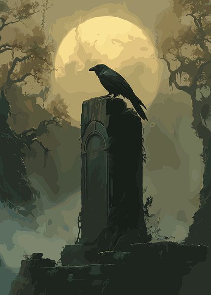 Mystischer Rabe auf verwittertem Grabstein von Pixelbull Design