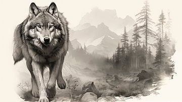 Wolf in het bos, vintage potloodtekening. van Animaflora PicsStock