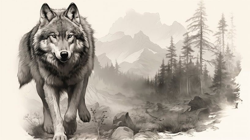 Wolf im Wald , Bleistift Zeichnung Vintage. von Animaflora PicsStock