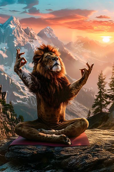 Lion meditates on mountaintop by Art & Soul Creations