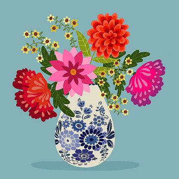 Bloemen in een Delfts Blauwe vaas van Sonja Kemp