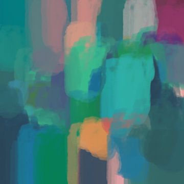 Pastel dromen. Kleurrijk abstract schilderij in groen, blauw, geel, paars. van Dina Dankers