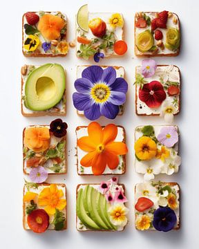 Flatlay of organised crackers with delicious things and edible flowers by Studio Allee