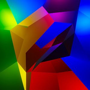 Buntes kubistisches 3D-Kunstwerk mit einer Figur, die die Sonne anbetet