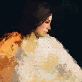 Modern abstract portret van een vrouw in pastel oker, geel, bruin en wit van Dina Dankers
