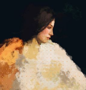 Portrait abstrait moderne d'une femme dans des tons pastel ocre, jaune, brun et blanc sur Dina Dankers